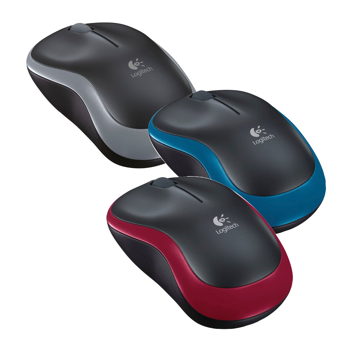 Tre trådlösa Logitech M185 mus i svart, blå och röd färg