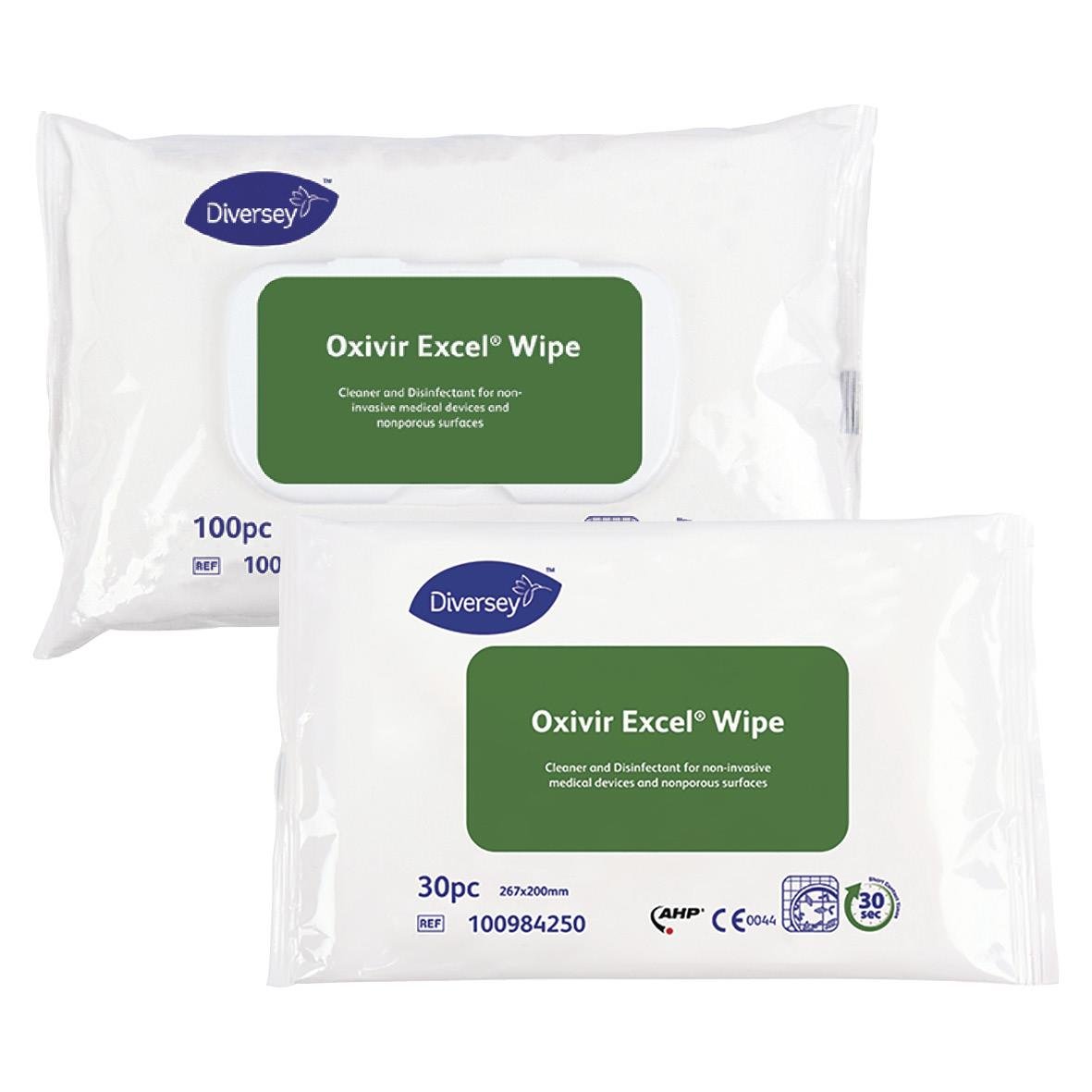 Diversey Oxivir Excel servetter i två förpackningar, 100 och 30 stycken, för desinfektion och rengöring
