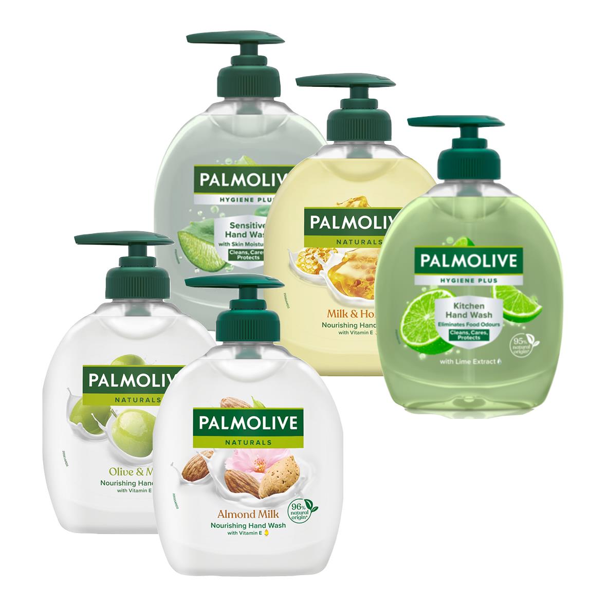 Fem flytande Palmolive-tvålflaskor i olika dofter och färger