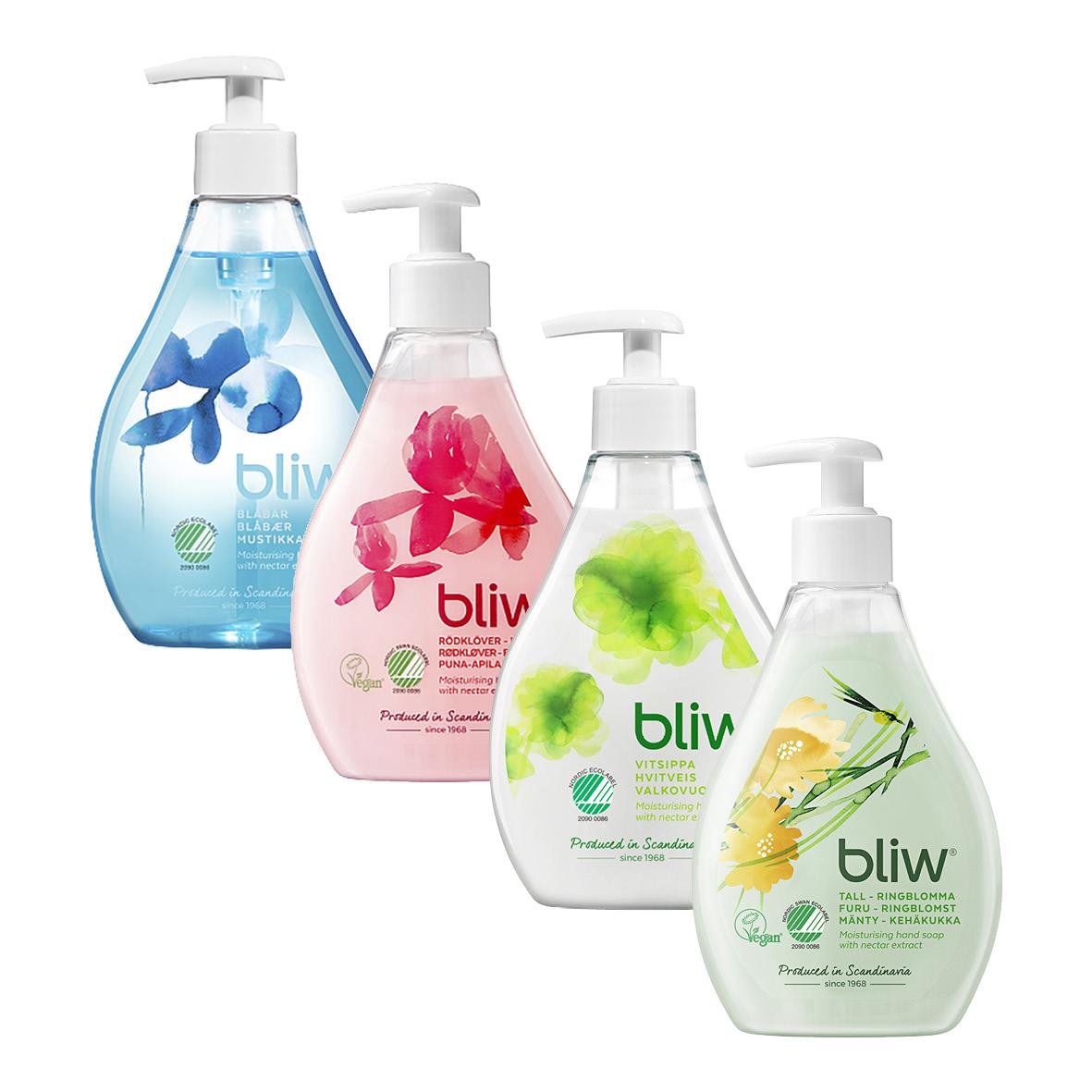 Fyra flytande tvålpumpar i olika färger och dofter, 300ml, märket Bliv
