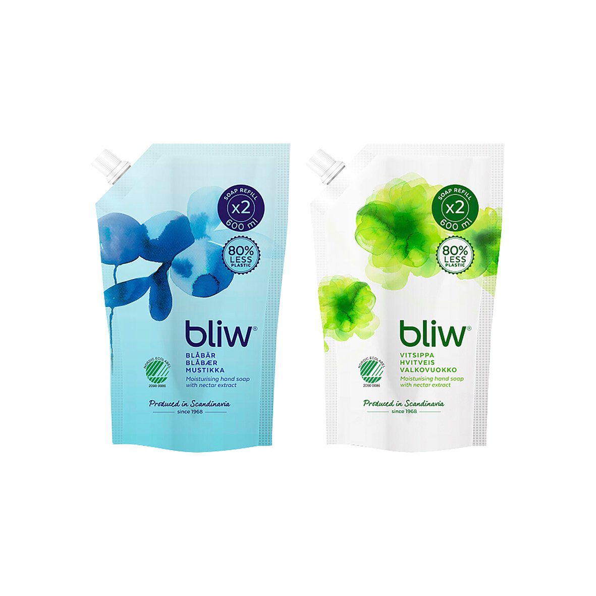 Flytande tvål Bliw refill 600ml med blå och gröna växtmönster på förpackning