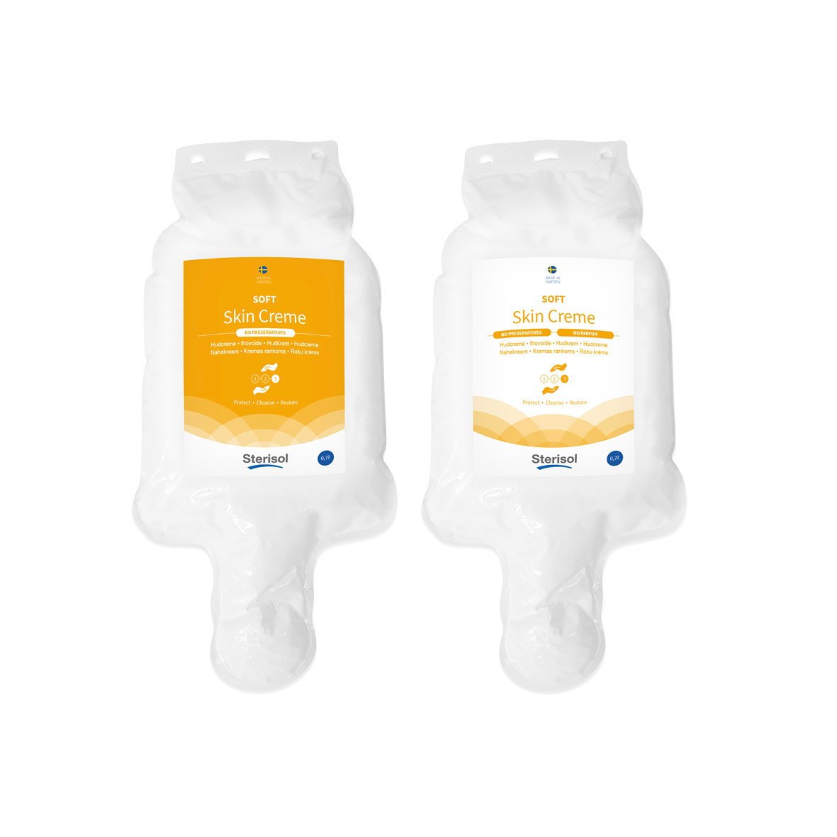 Två påsar med Sterisol Soft hudkräm 700ml, vit förpackning med orange och vit etikett