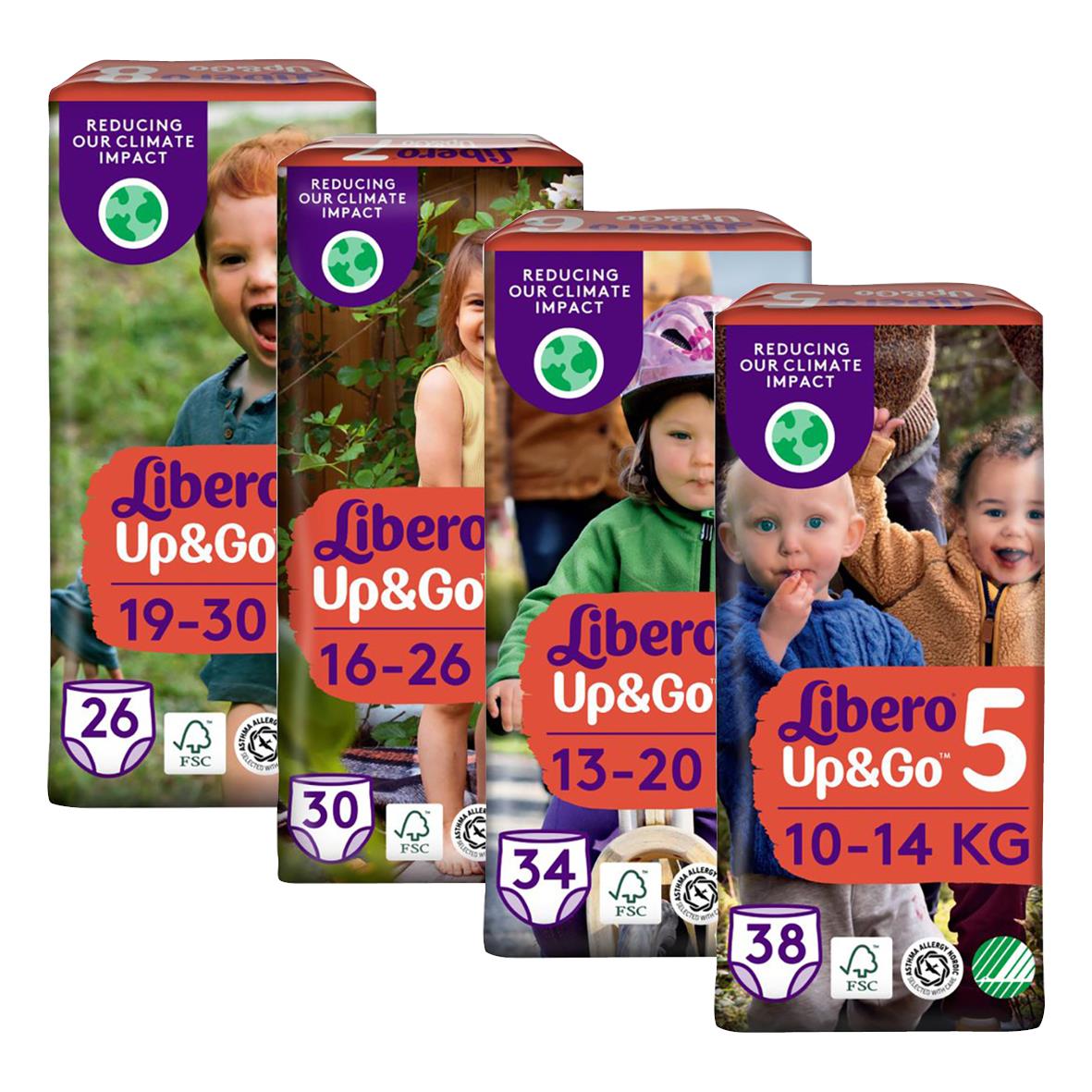 Förpackningar av Libero Up&Go blöjor för barn i olika storlekar och viktklasser, med fokus på klimatpåverkan