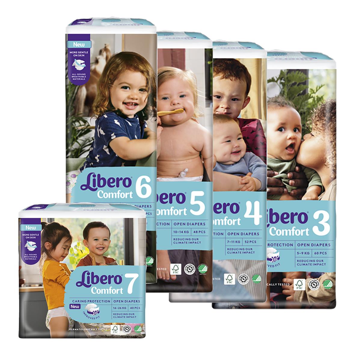 Förpackningar av Libero Comfort blöjor i storlekar 3 till 7 med bilder av glada barn på förpackningarna