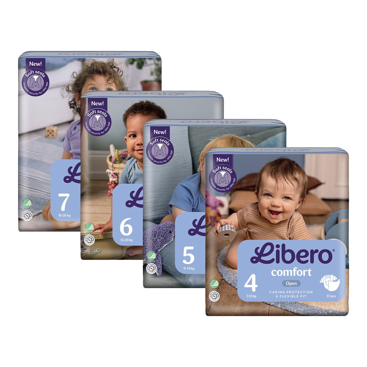 Förpackningar av Libero Comfort blöjor i storlekarna 4 till 7-12 kg, med bilder av glada barn