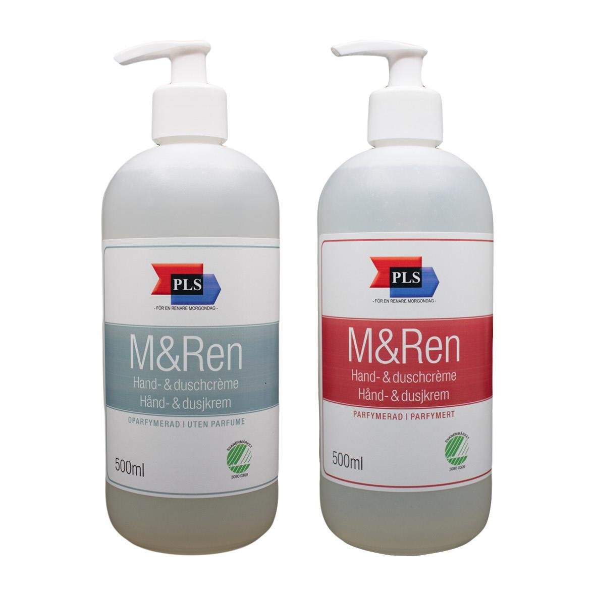 Tvålflaskor med pump för hand- och duschtvål, 500ml, märkta M&Ren och PLS