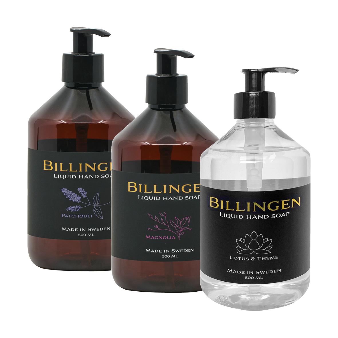 Tre flytande tvålpumpar med olika dofter från Billingen, 500 ml, i svart och transparent design