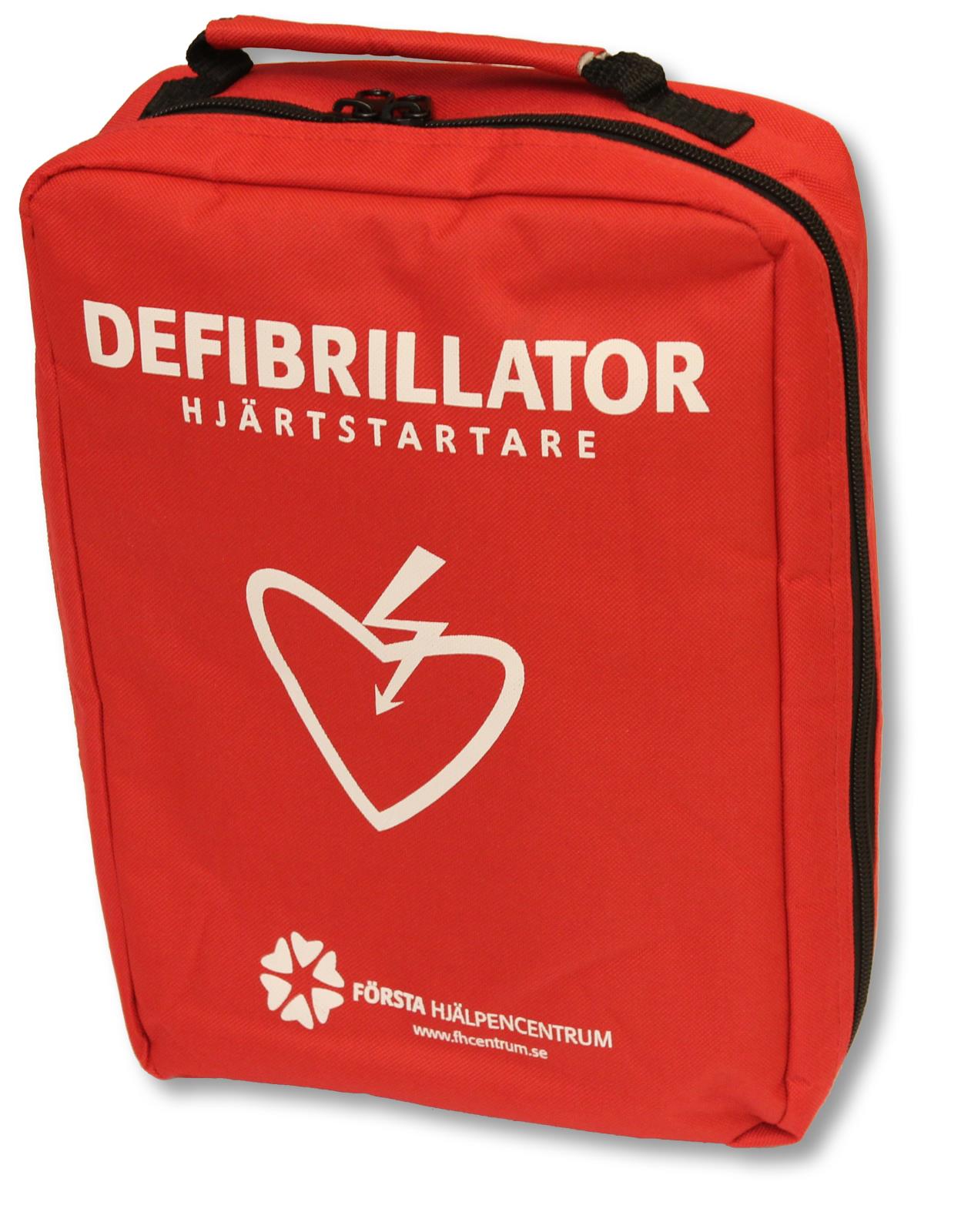 Röd väska för hjärtstartare med text och hjärt- och blixtsymbol