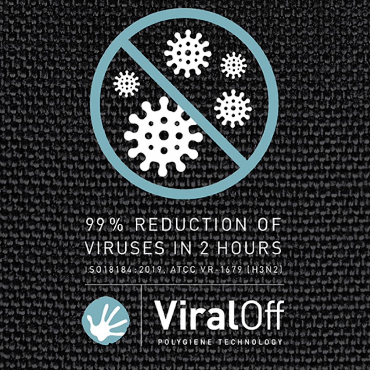 Svart munskydd med VirusOff teknologi som påstår att det reducerar virus med 99% på 2 timmar