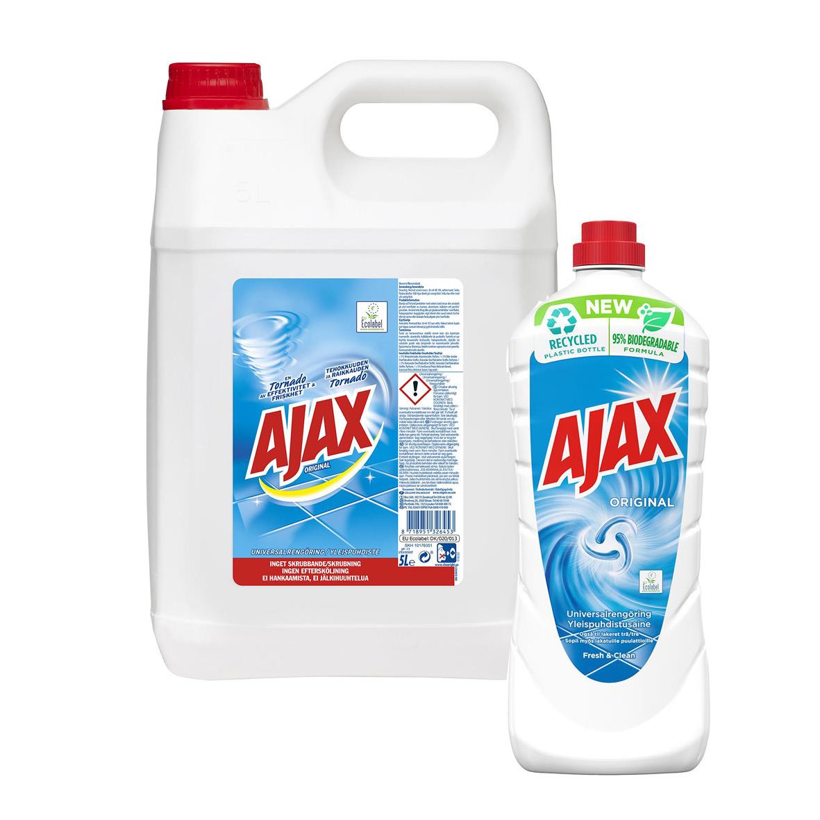 Två Ajax rengöringsprodukter, en stor och en liten, i vita flaskor med blå och röda etiketter