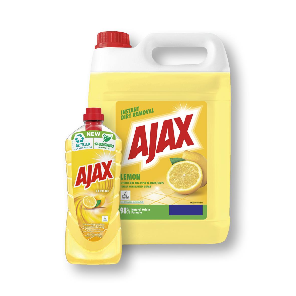 Två flaskor Ajax Allrent Lemon rengöringsmedel, en liten och en stor, med citronmotiv och gula etiketter