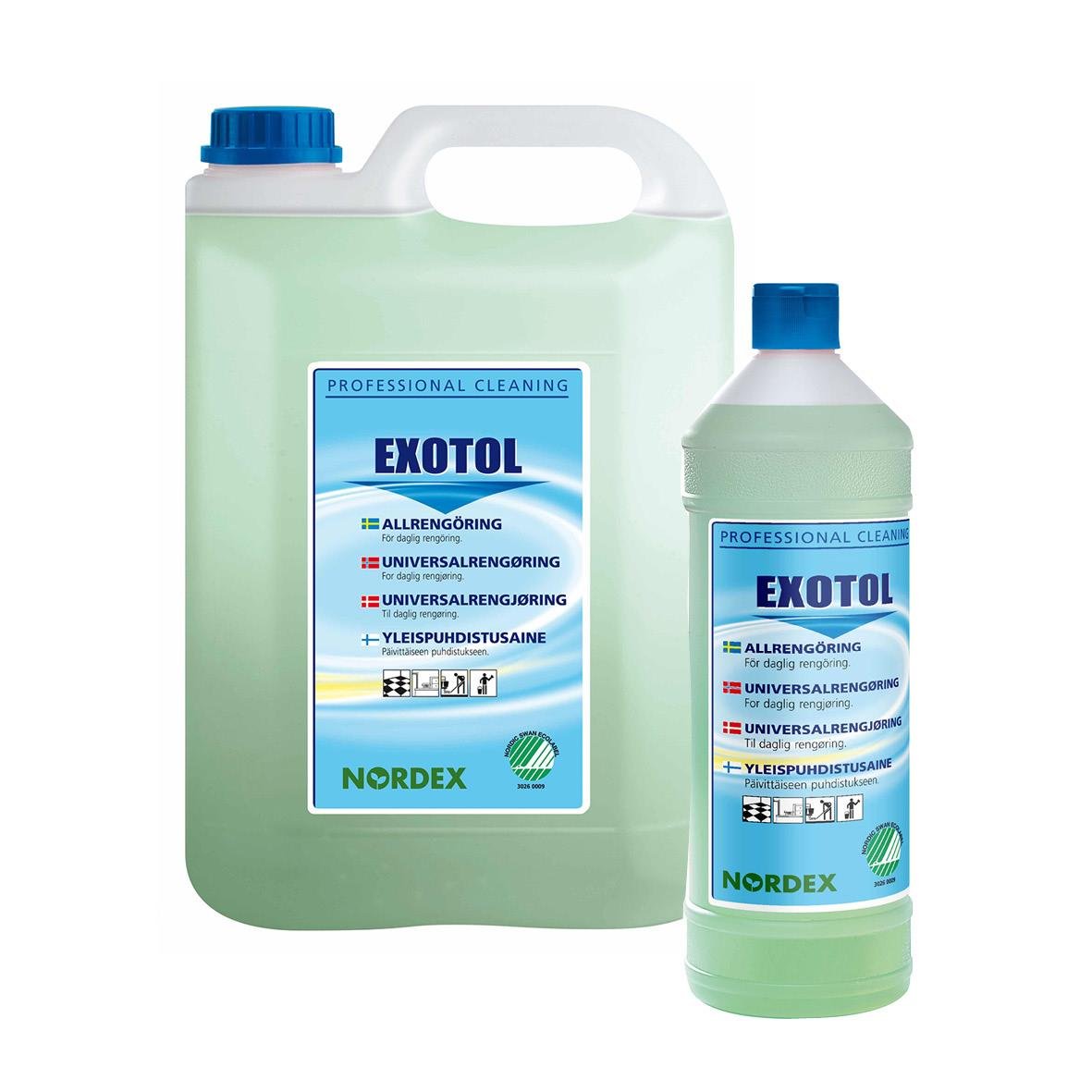 Två gröna rengöringsflaskor med blå etiketter för Exotol Allrent Nordex