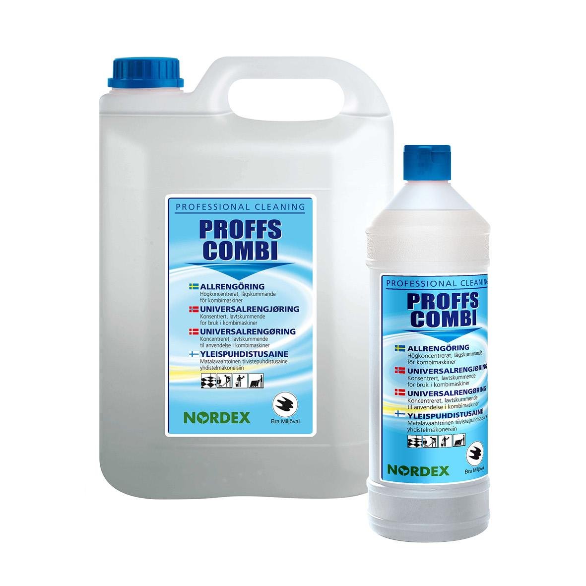 Stor vit plastdunk och mindre vit plastflaska med blå etiketter för Allrent Nordex Proffs Combi parfymerad rengöringsprodukt