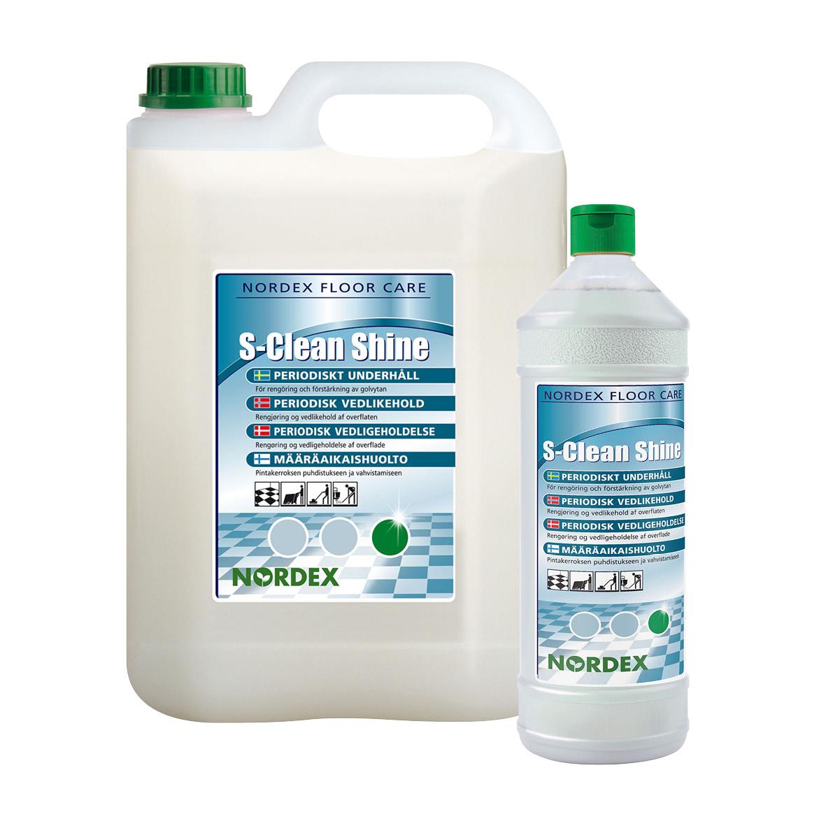 Stor 5L flaska med Nordex S-Clean Shine golvrengöring, parfymerad för regelbundet underhåll
