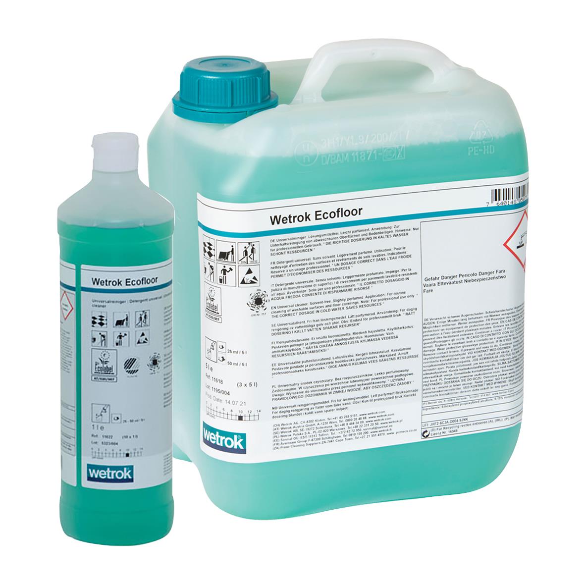 Allrent Wetrok Ecofloor rengöringsmedel i två behållare, en liten och en stor