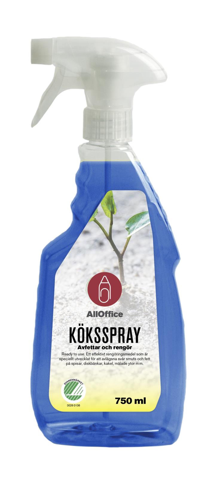 Köksrent AllOffice Spray 750ml, blå plastflaska med spraymunstycke och bild av växt på etiketten