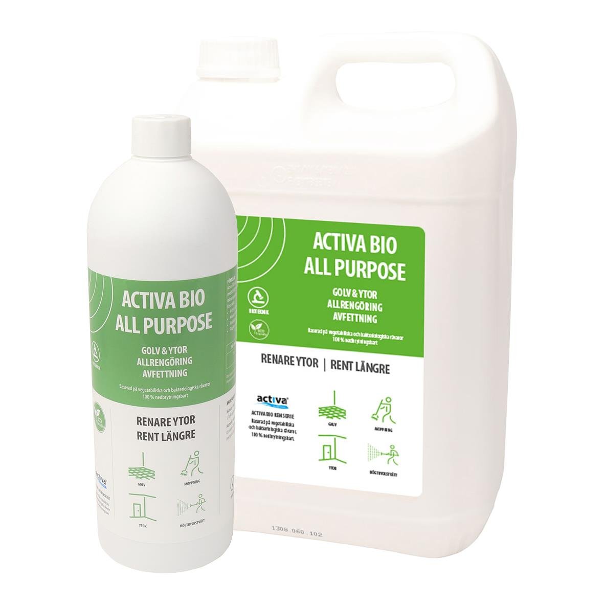 Allrent Activa Bio All Purpose rengöringsmedel i flaska och dunk, grönt och vitt design, för allrengöring och avfettning