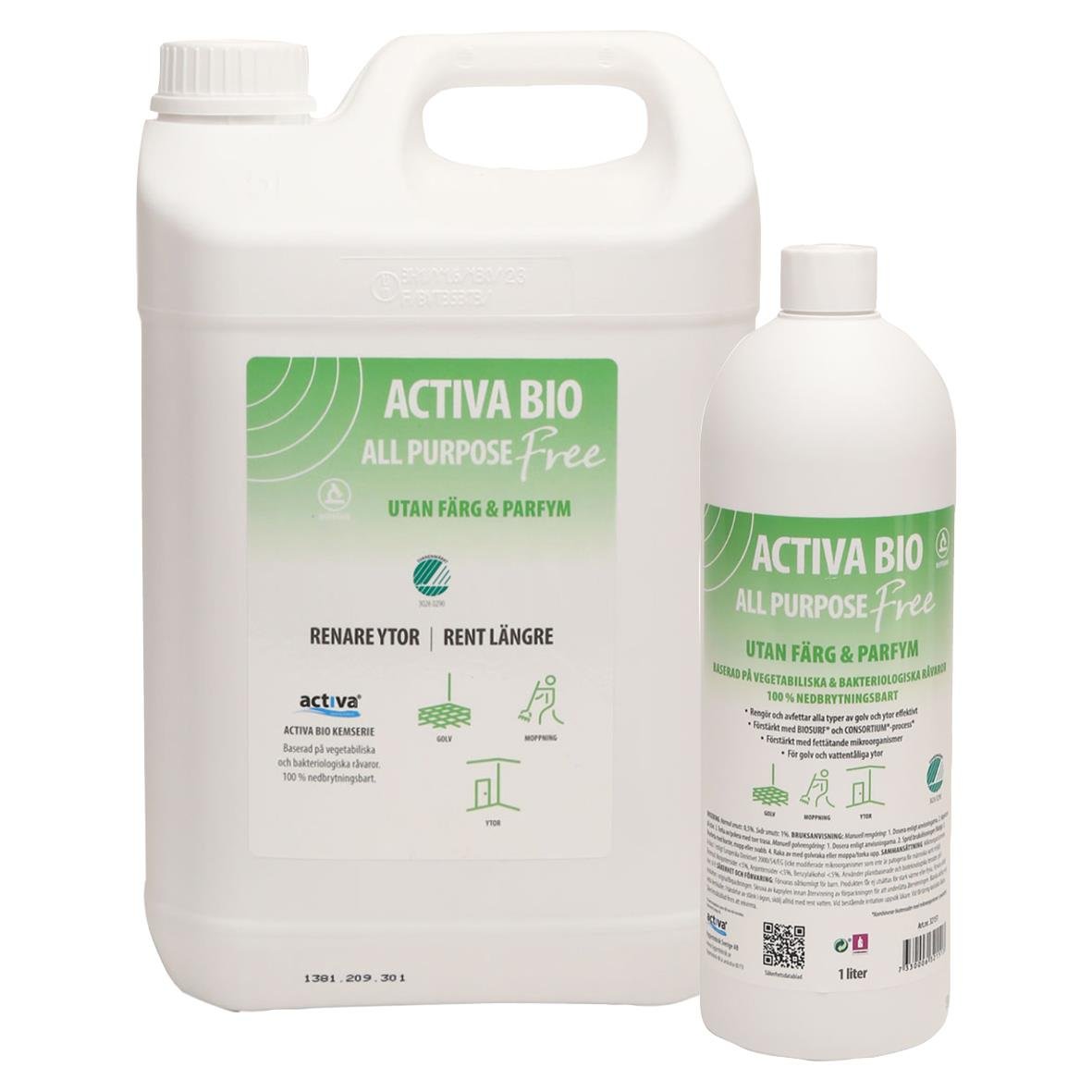 Allrent Activa Bio All Purpose Free, miljövänligt rengöringsmedel i stor och liten flaska