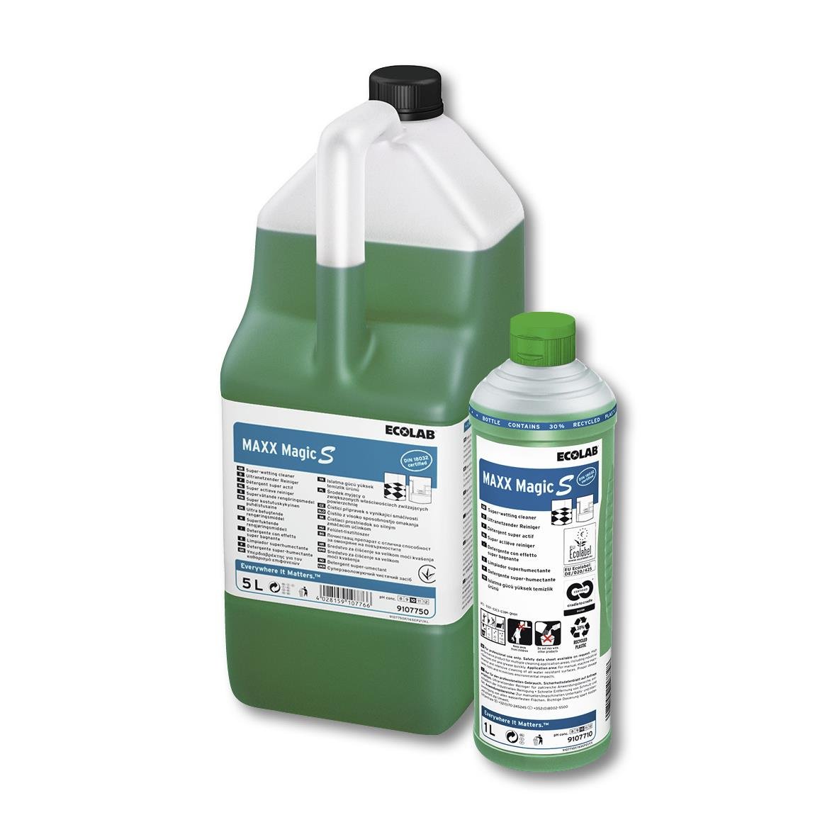 Två gröna och vita rengöringsflaskor av Ecolab Maxx Magic S, en stor och en liten