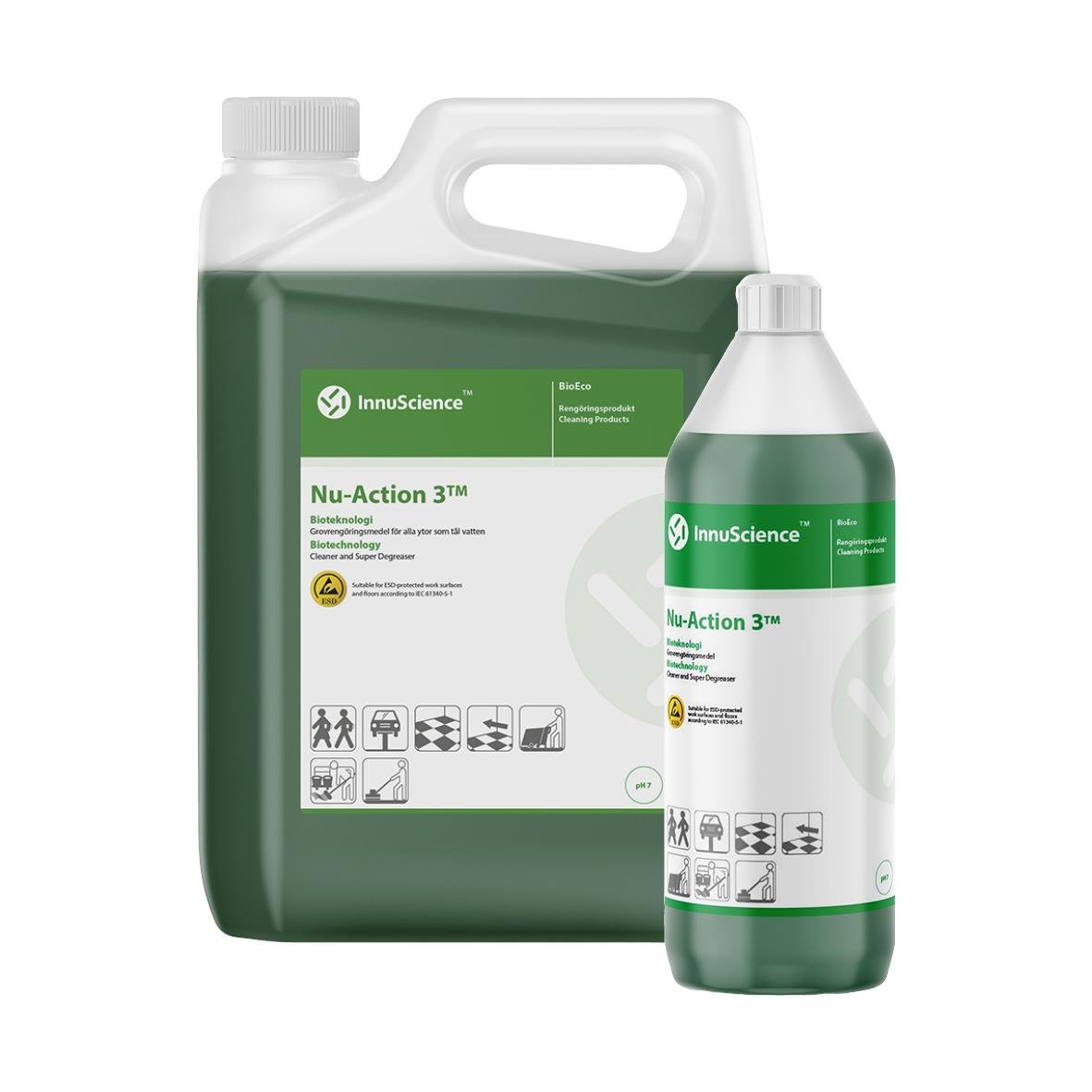 Grovrent Innu-Science Nu-Action 3 i två gröna och vita plastflaskor