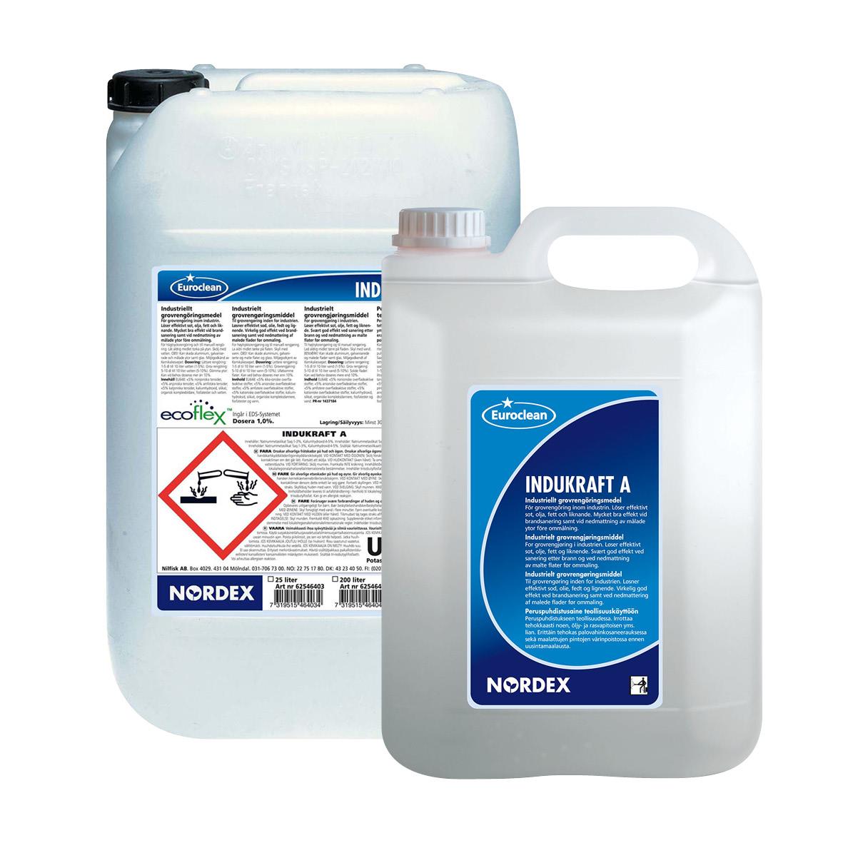 Två vita plastbehållare med etiketter för Nordex Indukraft A och Ecoflex