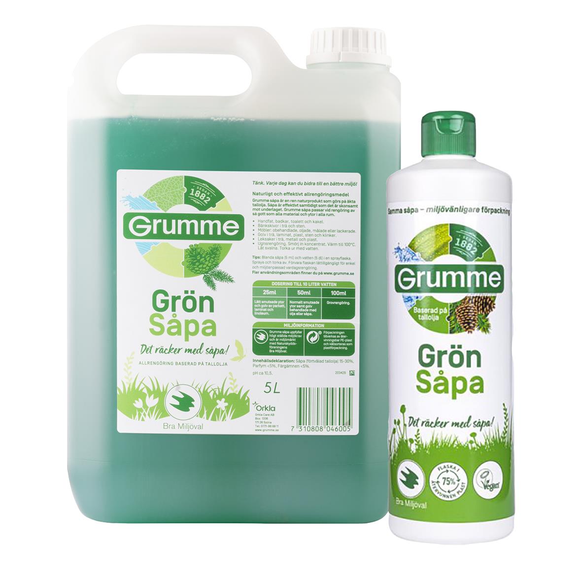 Grumme Grön Såpa i stor och liten flaska, miljövänlig och ekologisk rengöringsprodukt