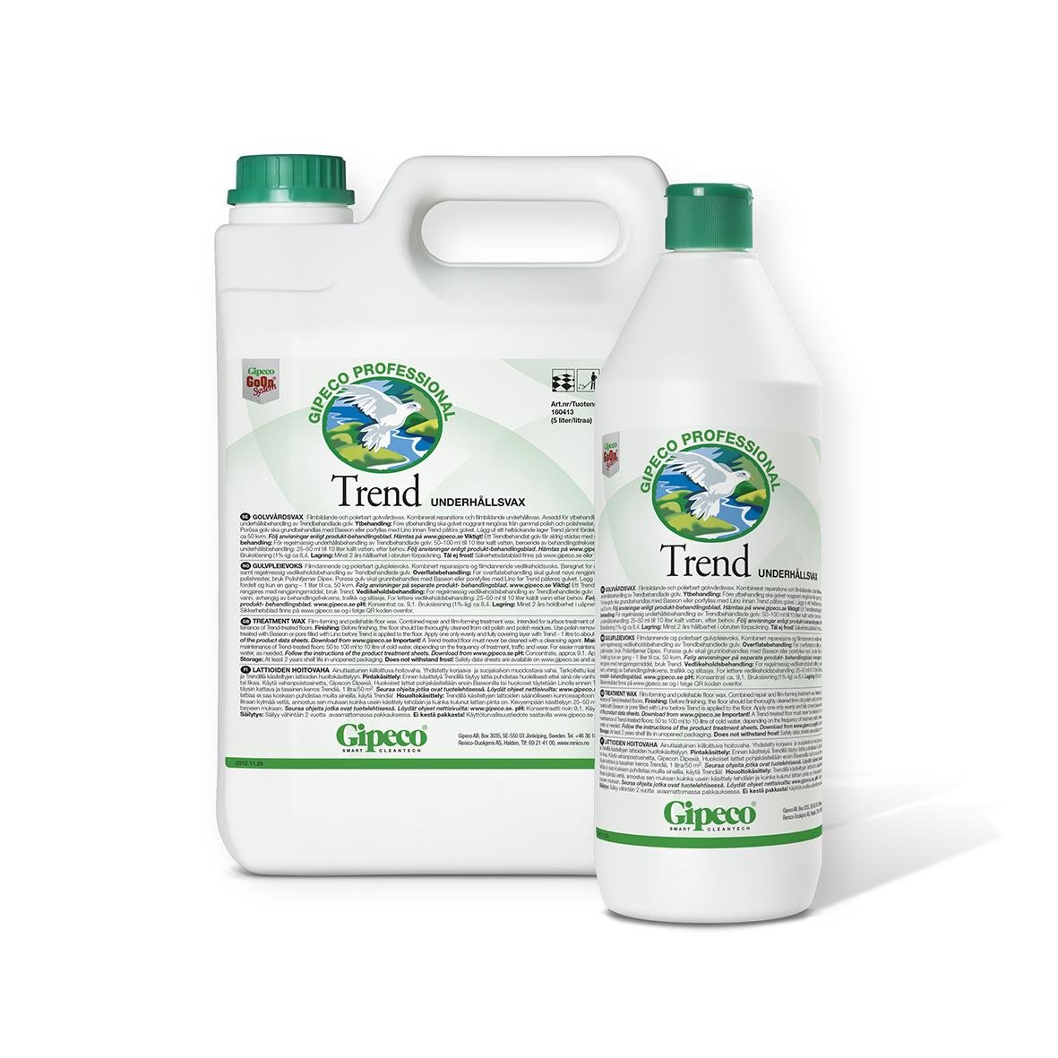 Golvvårdsvax Gipeco Trend i två plastflaskor, en större med handtag och en mindre, båda med gröna lock