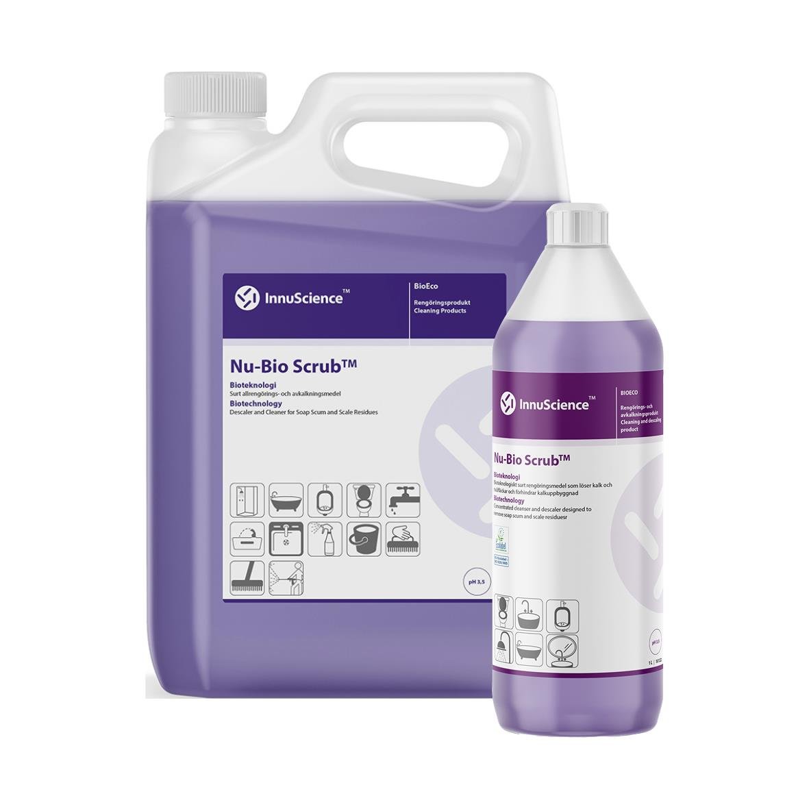 Kalkbort Innu-Science Nu-BioScrub i två olika förpackningar, en stor dunk och en mindre flaska, med etikett och produktinformation