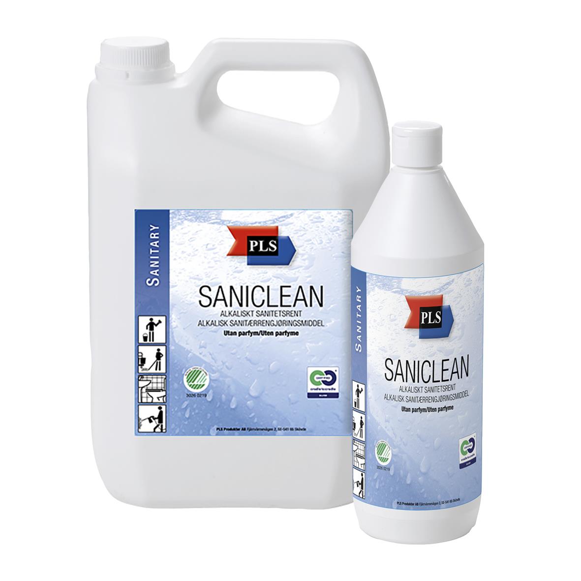 Stor vit plastflaska och mindre vit plastflaska med etikett för sanitetsrent PLS Saniclean oparfymerad