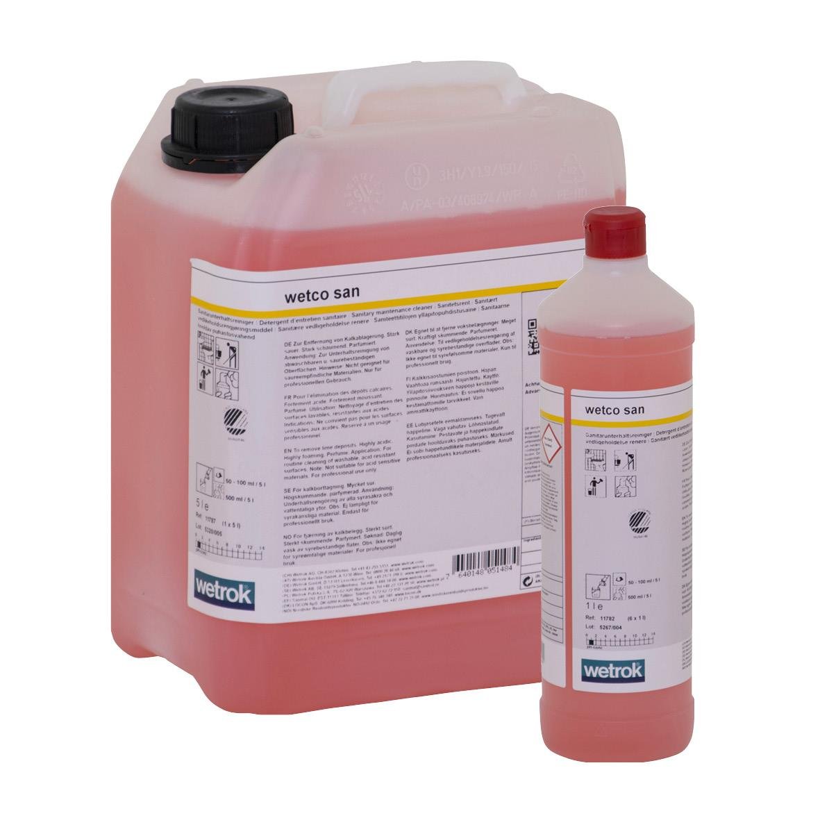 Stor och liten behållare med röd vätska och etikett för Wetrok Wetco San 1L
