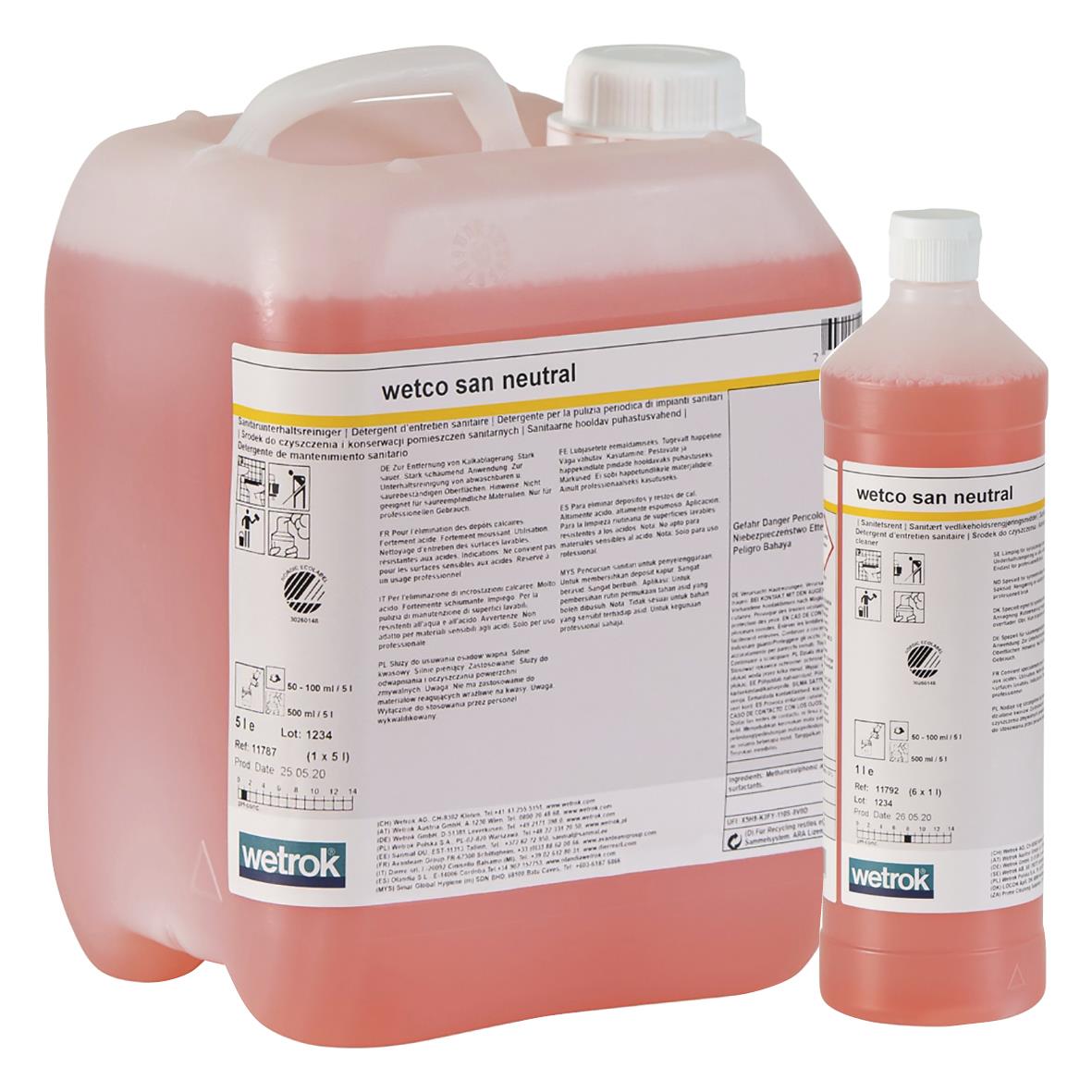 Stor och liten behållare med rosa rengöringsvätska Wetrok Wetco San neutral 1L