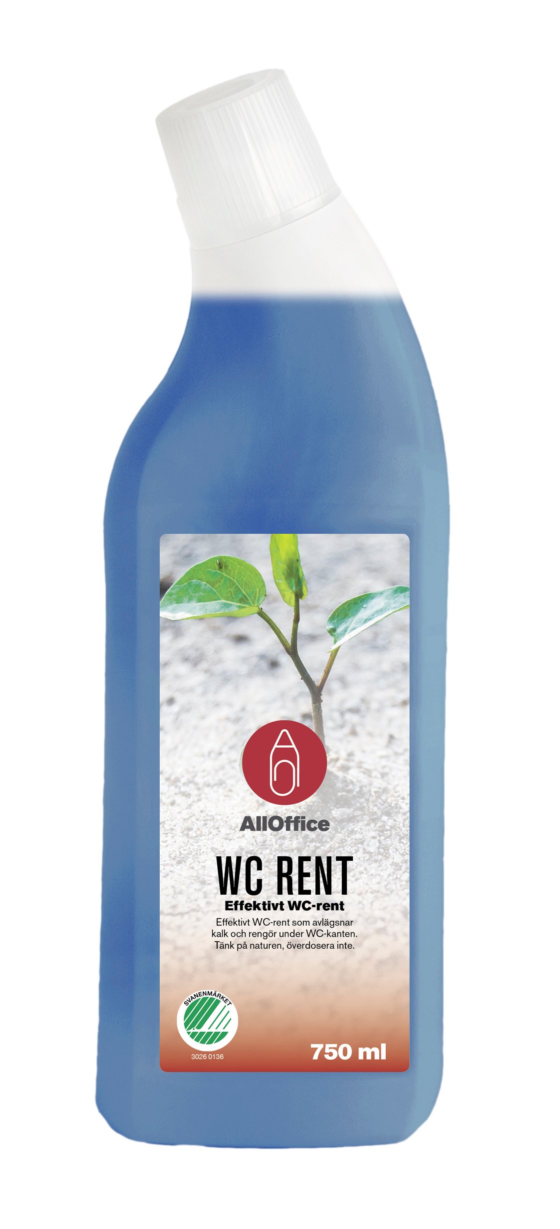 Blå rengöringsflaska för toalett med vit kork och etikett med grönt bladmotiv och text WC BENT 750 ml