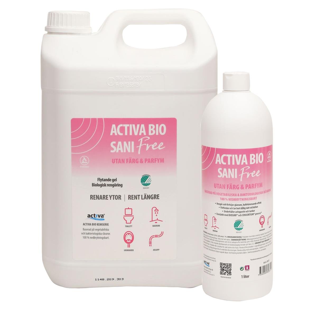 Stor vit flaska och liten vit flaska med rosa etikett för Sanitetsrent Activa Bio Sani Free