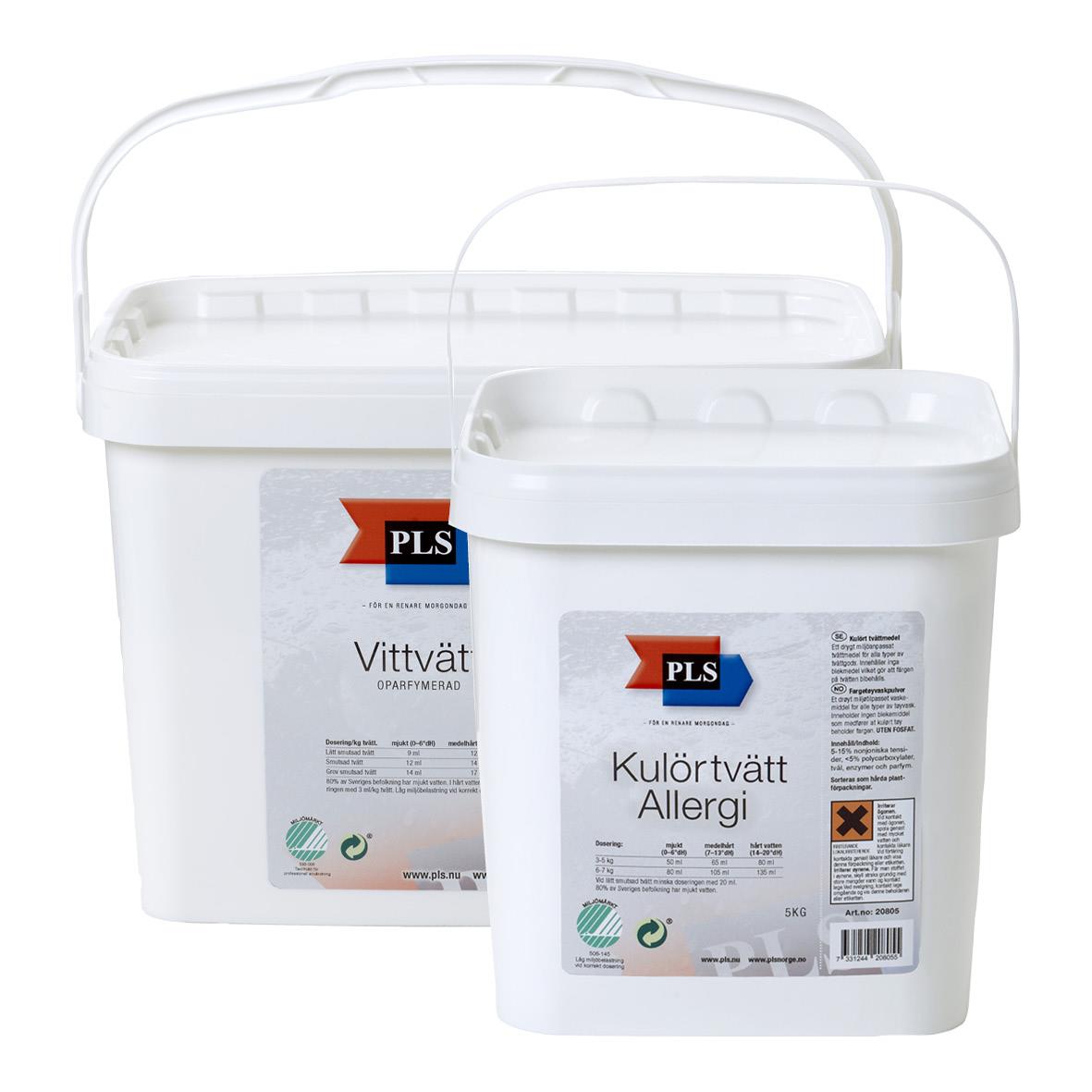 Tvättmedel PLS Vittvätt Oparfymerad 5kg i två vita hinkar