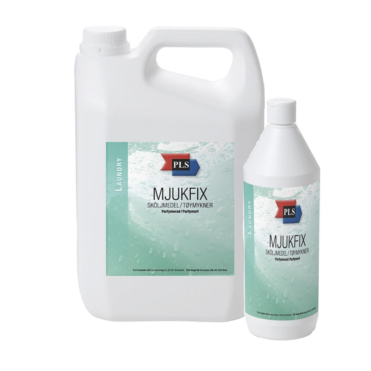 Sköljmedel PLS Mjukfix antistat parfymerad i två plastflaskor, stor och liten