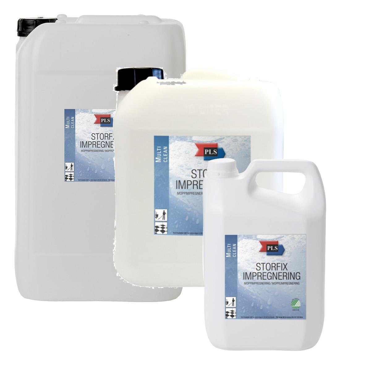 Tre stora och en liten behållare med impregneringsmedel PLS Storfix