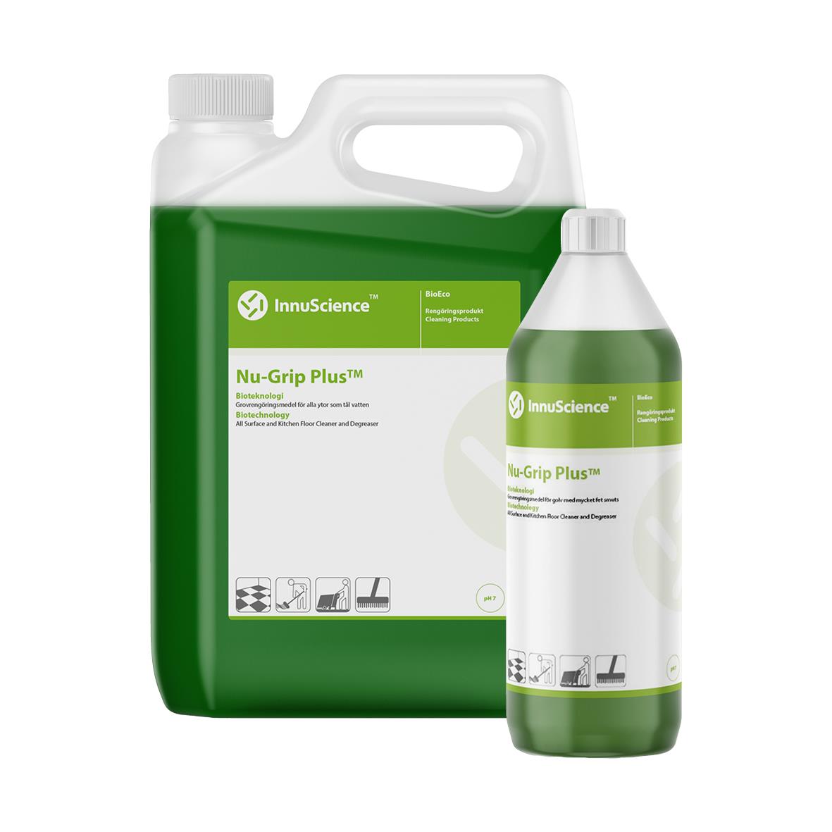 Grovrent Innu-Science Nu-Grip Plus rengöringsprodukter i gröna och vita behållare