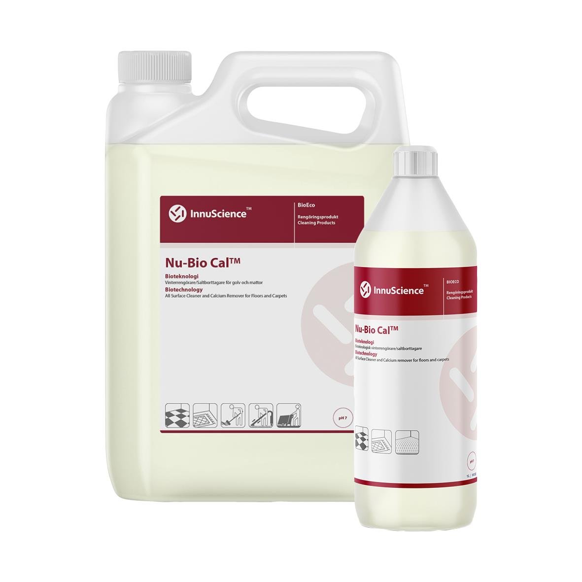 Saltbort Innu-Science Nu-Bio Cal i två plastflaskor, en stor och en liten, med vit vätska och etiketter.