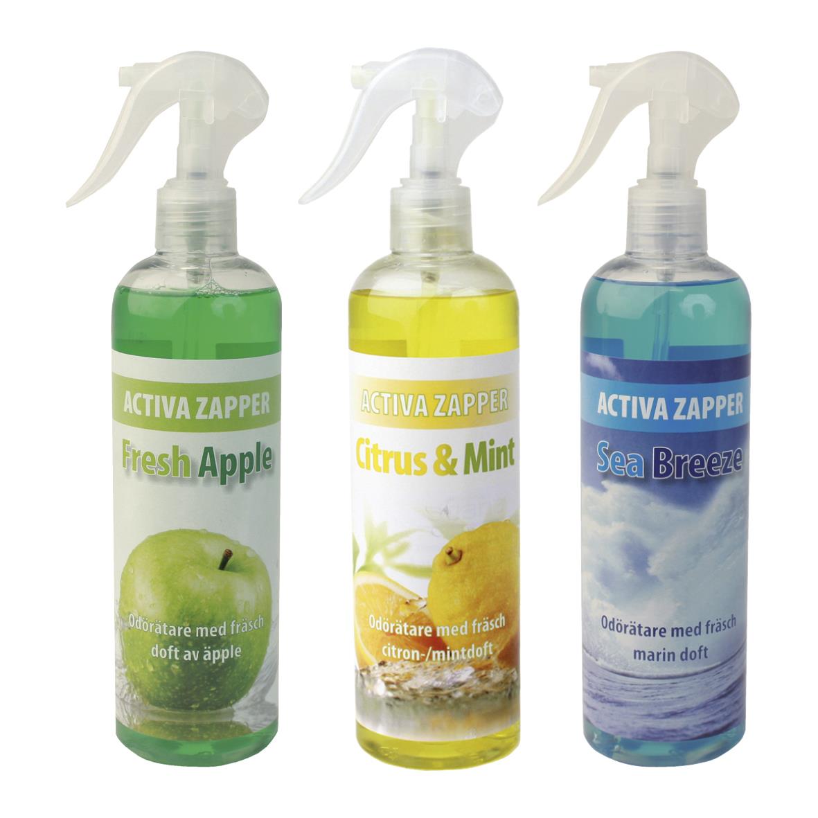 Tre doftsprayer Activa Zapper 400ml med olika dofter: äpple, citron/mint och havsbris