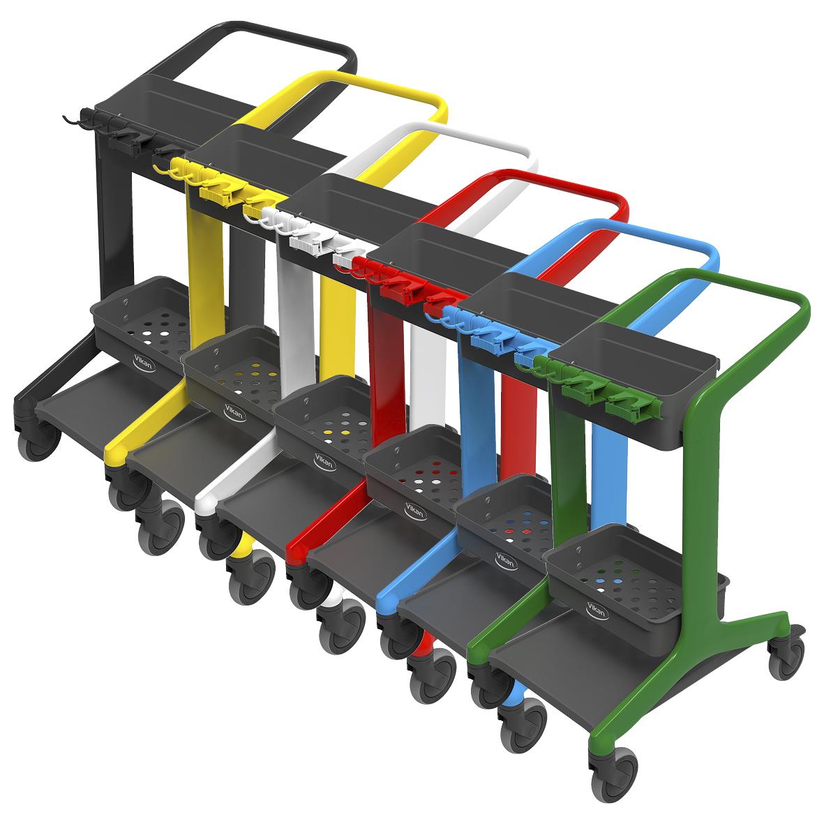 Rengöringsstation med flera färgade handtag och hyllor på hjul