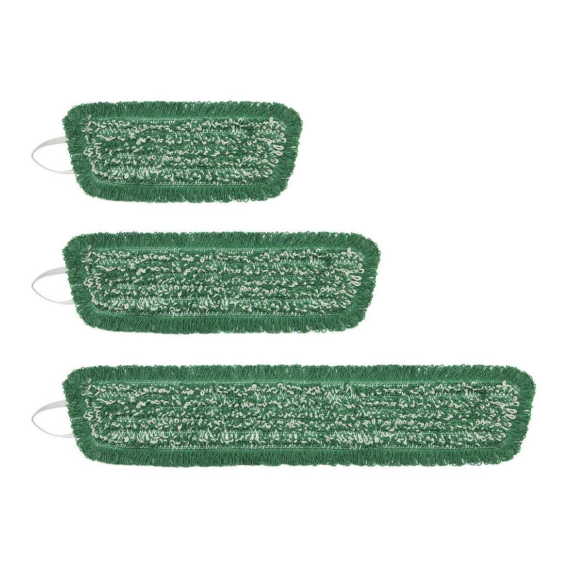 Tre gröna fuktmoppar av olika storlekar för rengöring