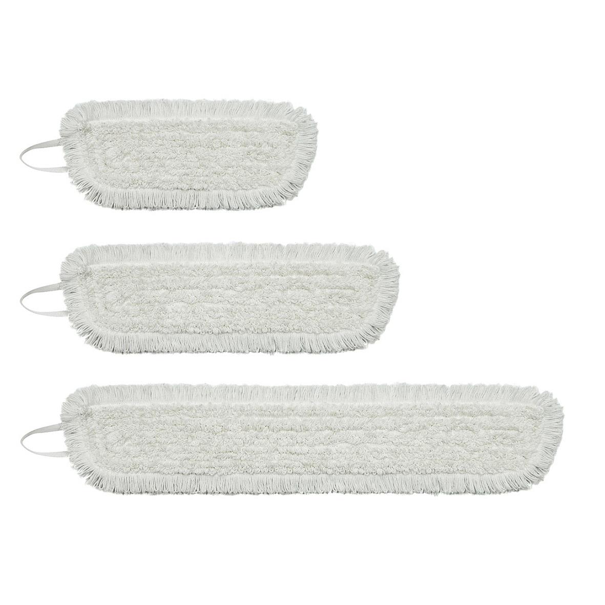 Tre vita mikrofibermoppar i olika storlekar för våtrengöring