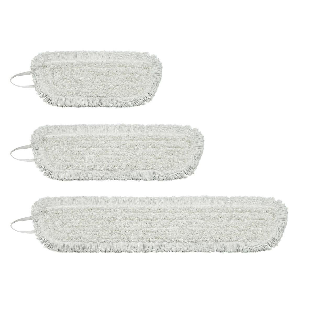 Tre vita mikrofibermoppar i olika storlekar för våtrengöring