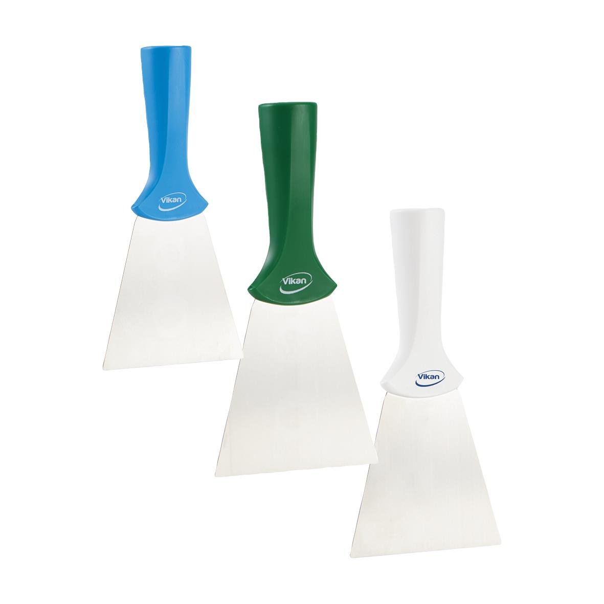 Flexibla handskrapor med 100mm handtag i blå, grön och vit färg