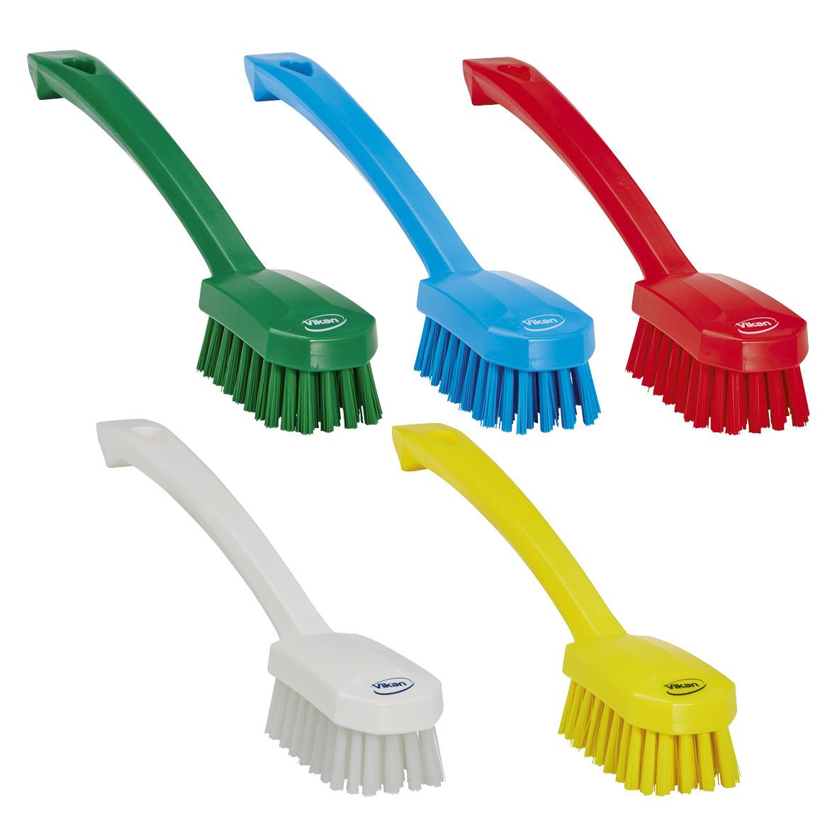 Tvättborste Vikan Medium 260mm i grönt, blått, rött, vitt och gult, med långt handtag och borsthuvud