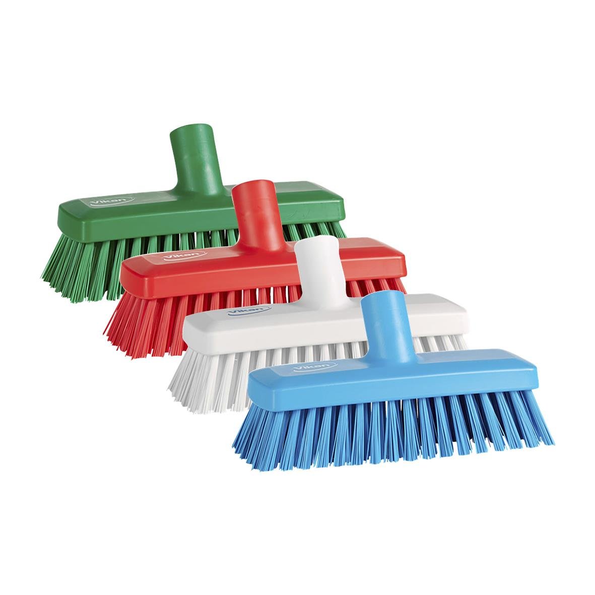 Två hårda vägg- och däckborstar i vitt, rött och blått med 225mm borstbredd