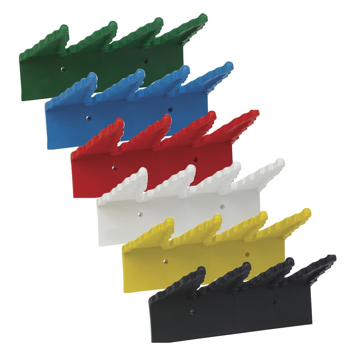 Färgglada väggmonterade redskapshållare i grönt, blått, rött, vitt, gult och svart