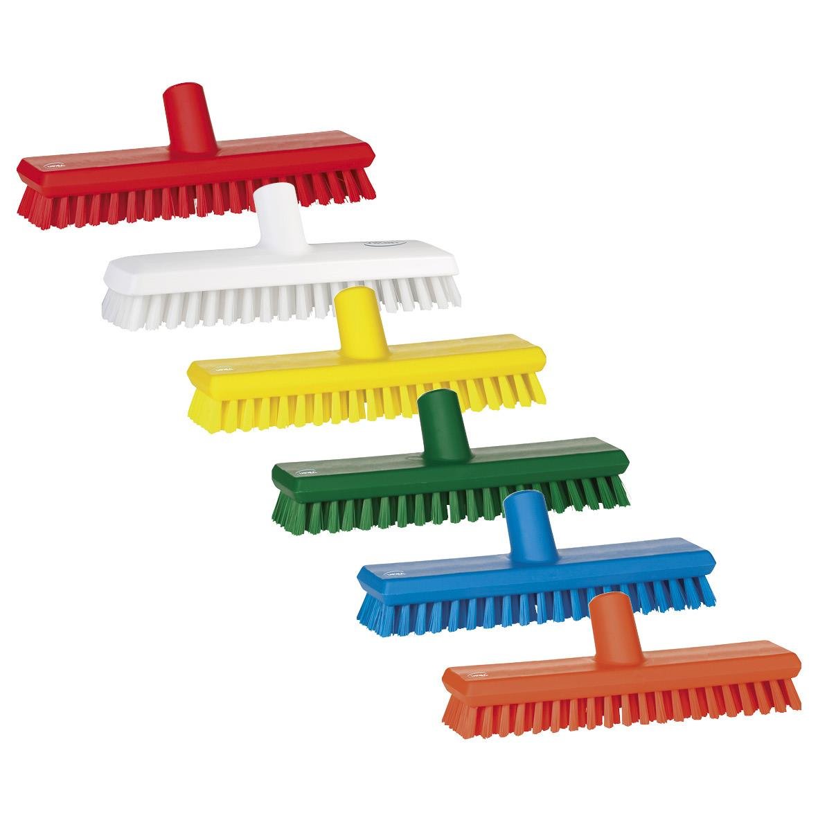 Färgglada golvskrubb Vikan Vattenmatning Extra Hård 270mm i rött, vitt, gult, grönt, blått och orange