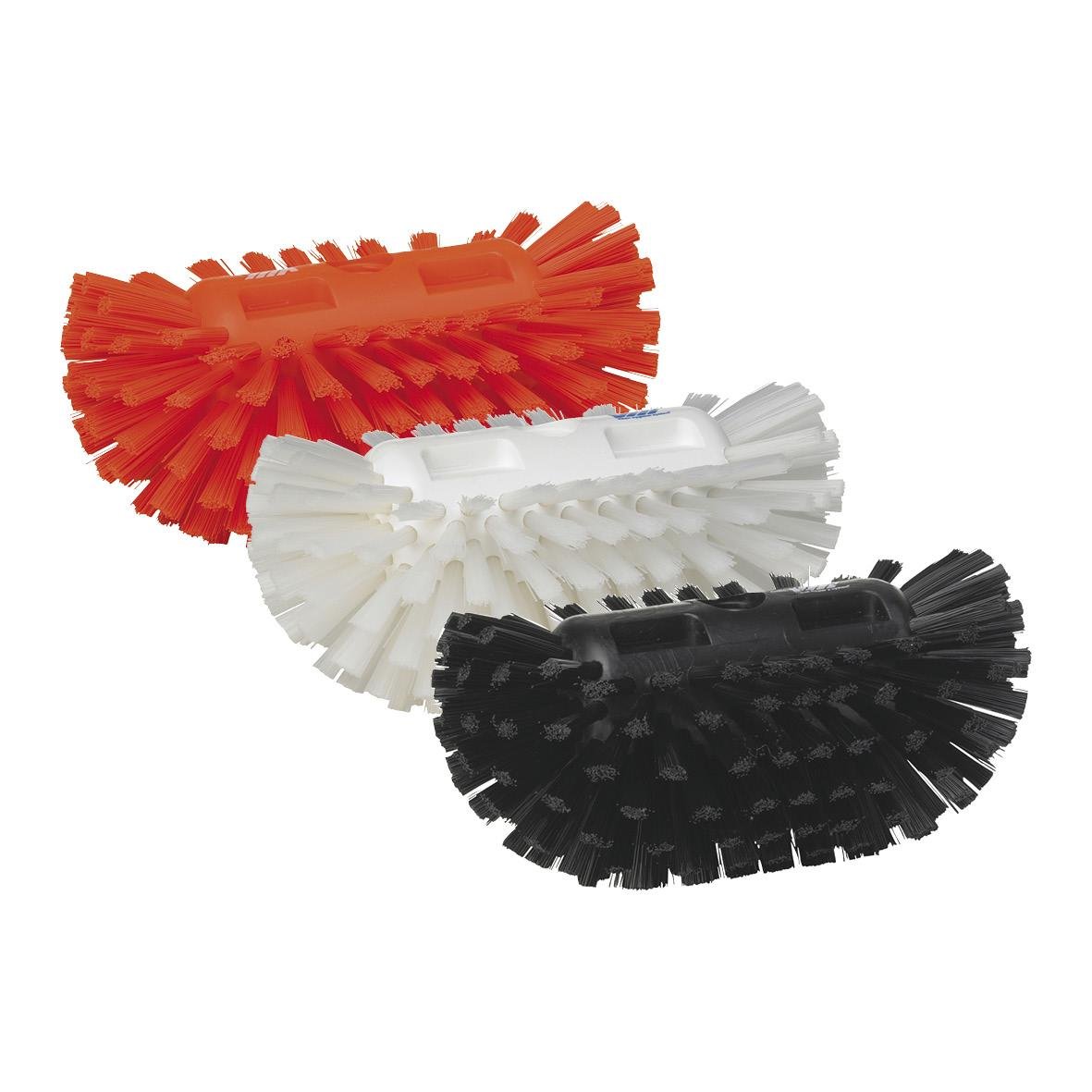 Tre hårda tankborstar i orange, vit och svart, 205 mm