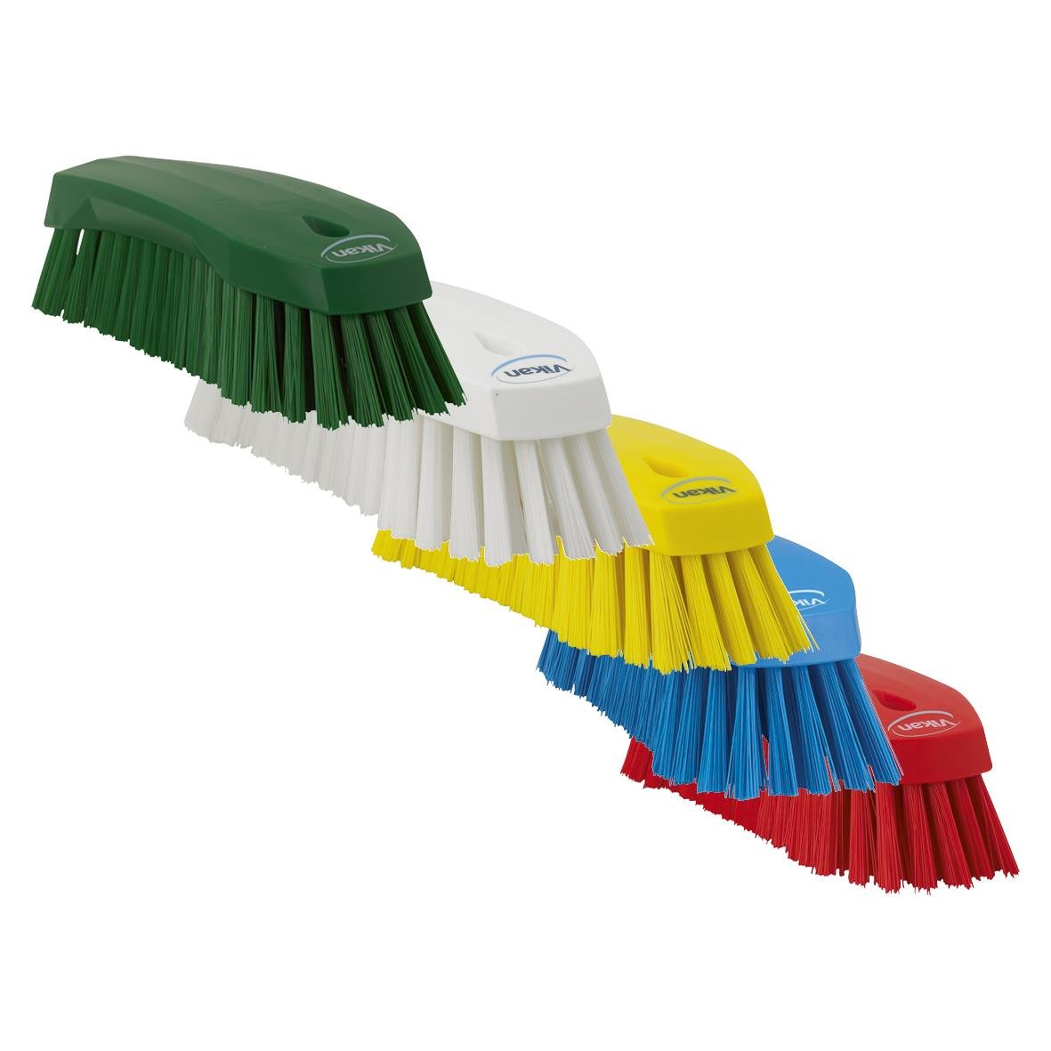 Handborste Vikan Large Hård 200mm i grönt, vitt, gult, blått och rött färgade borsthuvuden